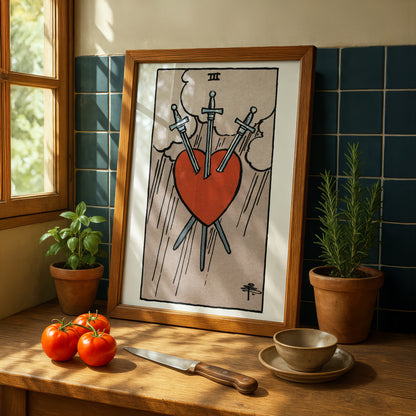 Three of Swords Tarot Card Print | Rider-Waite Swords Minor Arcana Deck | Wall Art