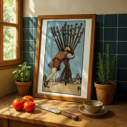 Ten of Wands Tarot Card Print | Rider-Waite Wands Minor Arcana Deck | Wall Art