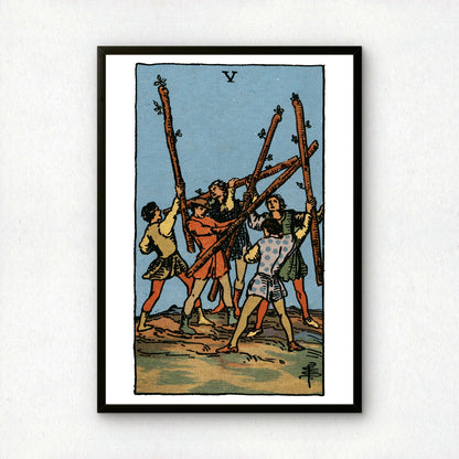 Five of Wands Tarot Card Print | Rider-Waite Wands Minor Arcana Deck | Wall Art