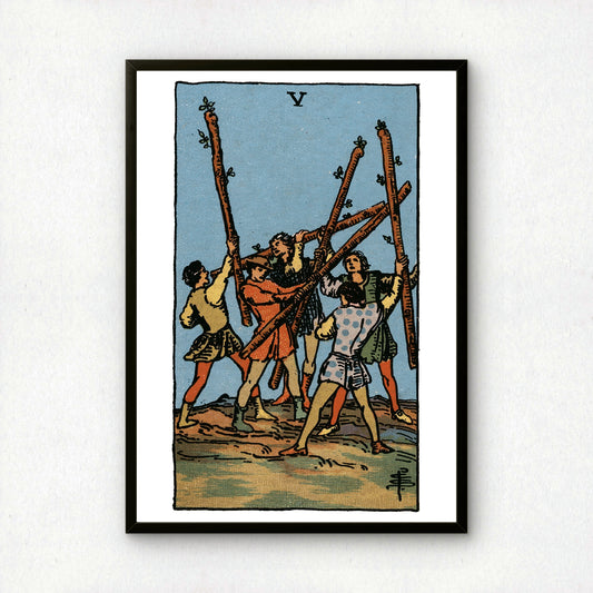 Five of Wands Tarot Card Print | Rider-Waite Wands Minor Arcana Deck | Wall Art