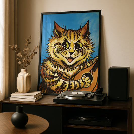 Louis Wain: Mischievous Cat Playing Lute | Art Print | Cat Home Decor