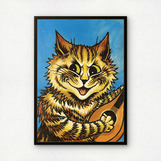 Louis Wain: Mischievous Cat Playing Lute | Art Print | Cat Home Decor