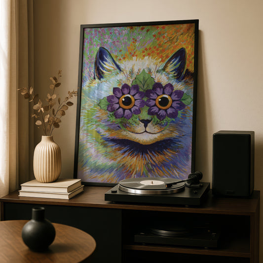Louis Wain: Psychedelic Cat with Purple Flowers for Eyes | Giclée Fine Art Poster