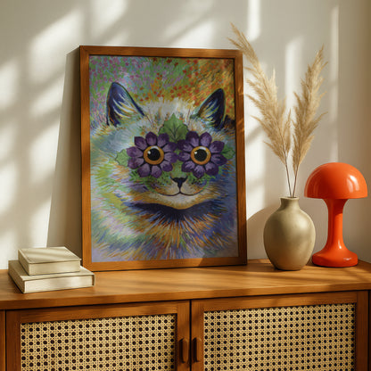 Louis Wain: Psychedelic Cat with Purple Flowers for Eyes | Giclée Fine Art Poster