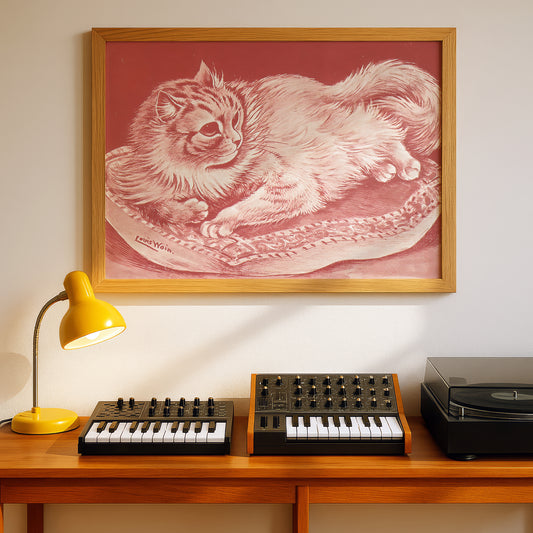 Louis Wain: Reclining Cat in Red | Giclée Fine Art Print | Cat Home Decor