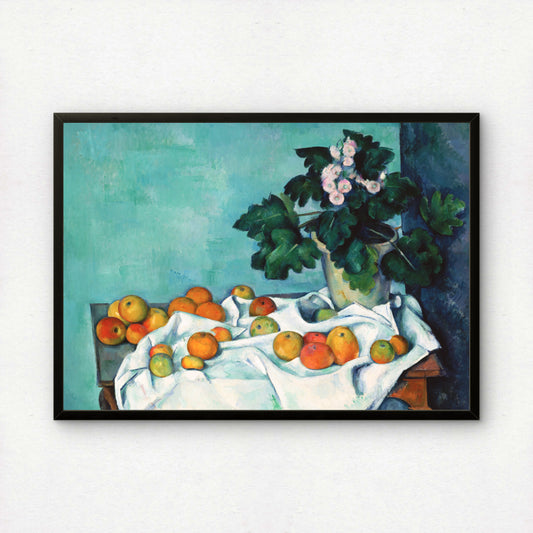 Still Life with Apples and a Pot of Primroses by Paul Cezanne Print | Premium Giclee Art Print | Post-Impressionist Wall Art | Museum Quality