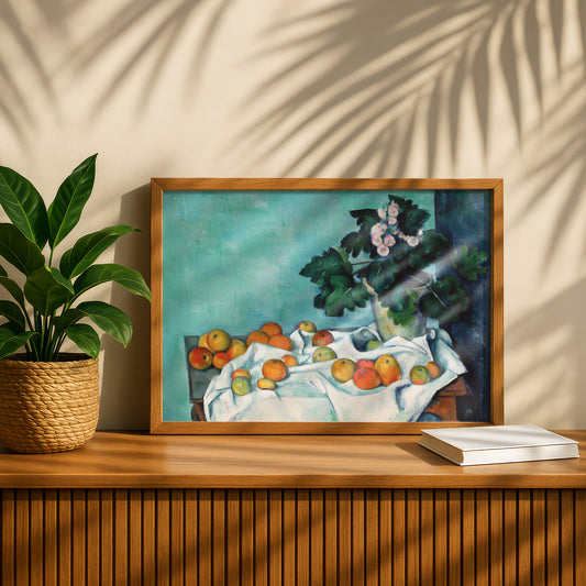 Still Life with Apples and a Pot of Primroses by Paul Cezanne Print | Premium Giclee Art Print | Post-Impressionist Wall Art | Museum Quality