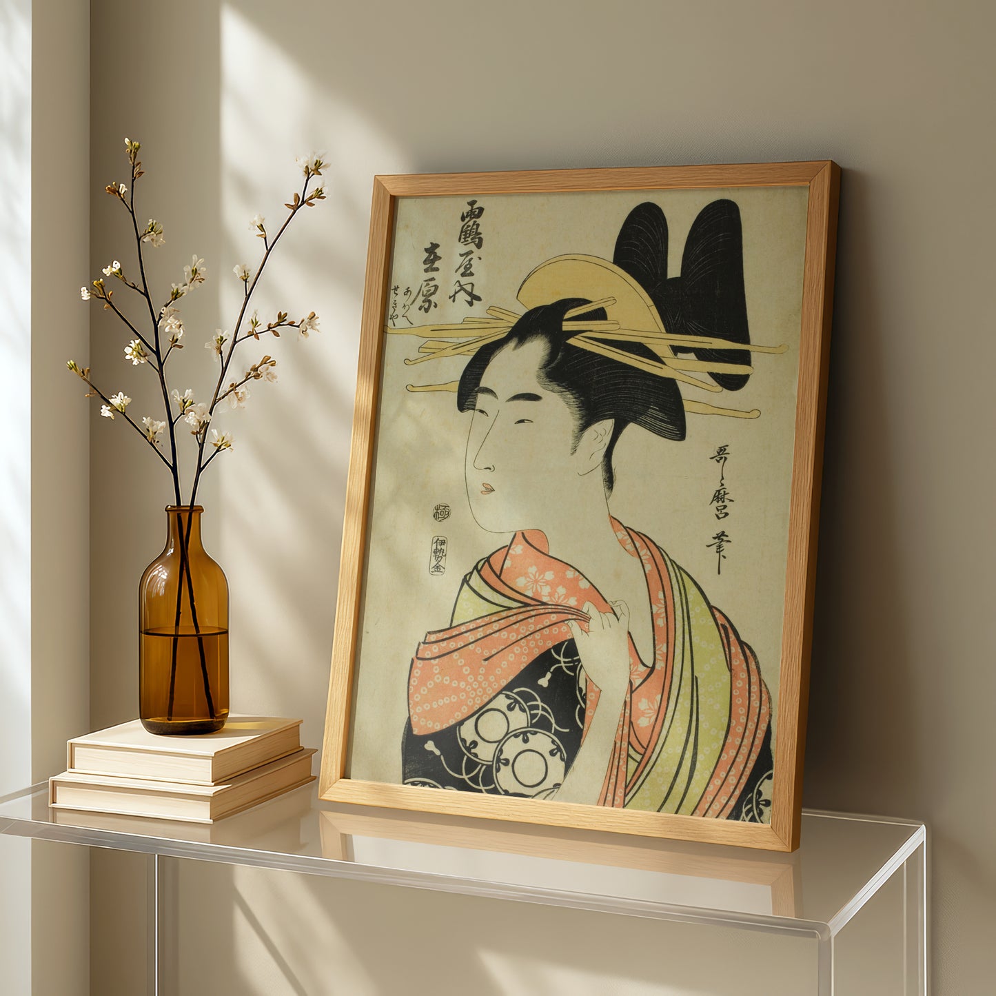 The Courtesan Arihara of the Tsuruya, and Child Attendants Aoe and Sekiya by Kitagawa Utamaro | Premium Art Print