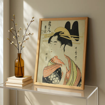 The Courtesan Arihara of the Tsuruya, and Child Attendants Aoe and Sekiya by Kitagawa Utamaro | Premium Art Print