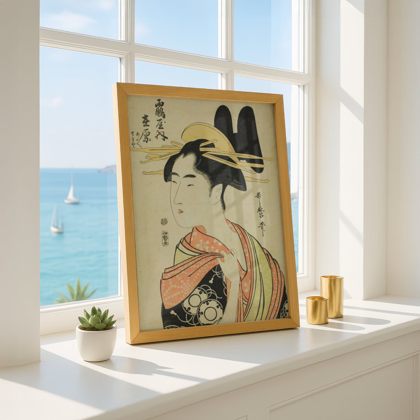 The Courtesan Arihara of the Tsuruya, and Child Attendants Aoe and Sekiya by Kitagawa Utamaro | Premium Art Print