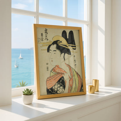 The Courtesan Arihara of the Tsuruya, and Child Attendants Aoe and Sekiya by Kitagawa Utamaro | Premium Art Print