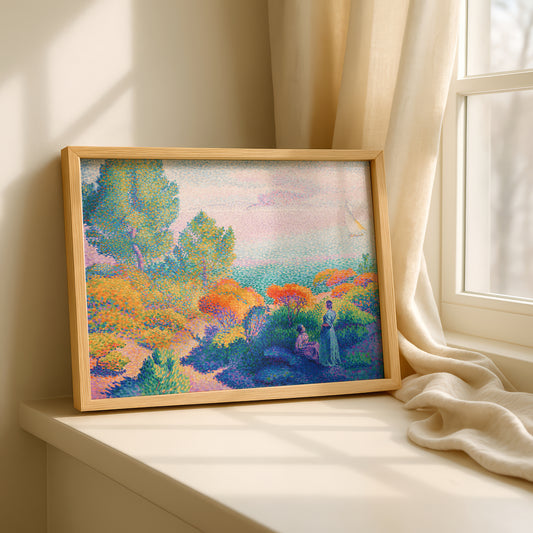 Two Women by the Shore, Mediterranean by Henri-Edmond Cross Art Print | Pointillism Giclee Reproduction | French Neo-Impressionist Wall Decor