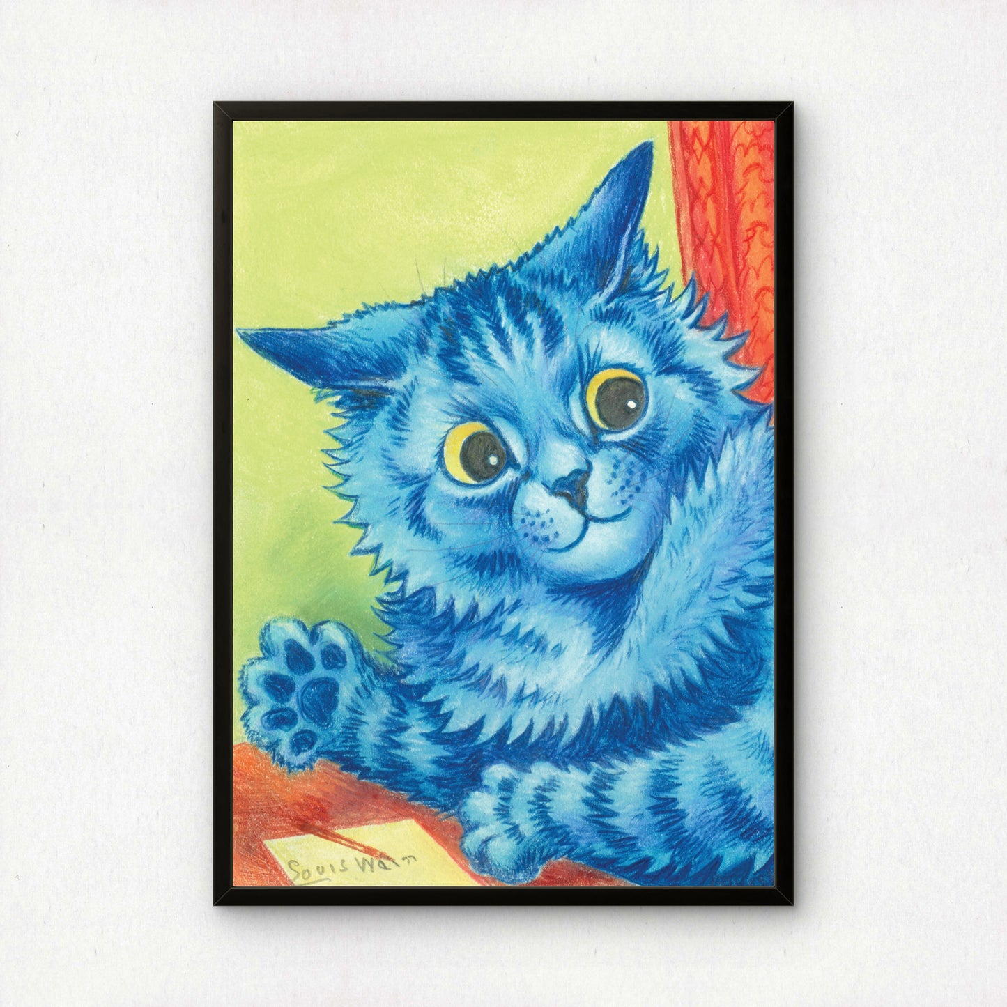 Louis Wain Waving Blue Cat Art Print | Cat Poster | Giclée Fine Art Print