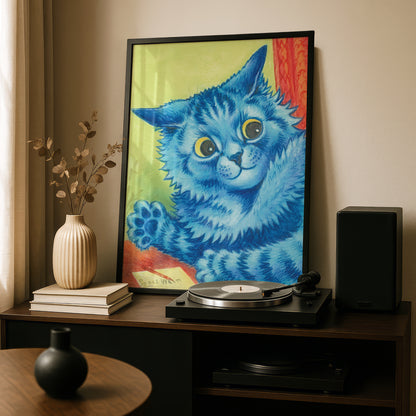 Louis Wain Waving Blue Cat Art Print | Cat Poster | Giclée Fine Art Print