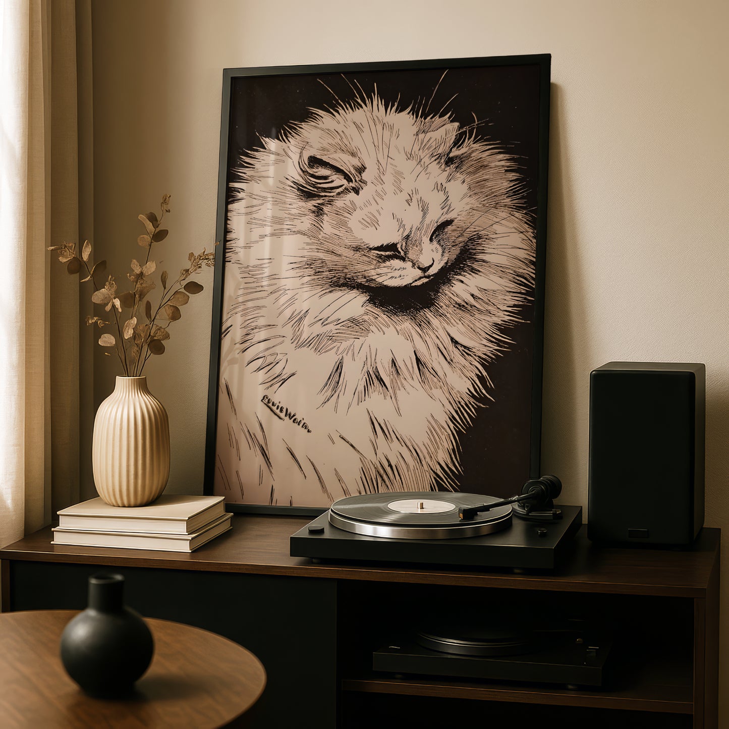 Louis Wain: White Cat on a Black Background | Giclée Fine Art Print | Black and White Poster