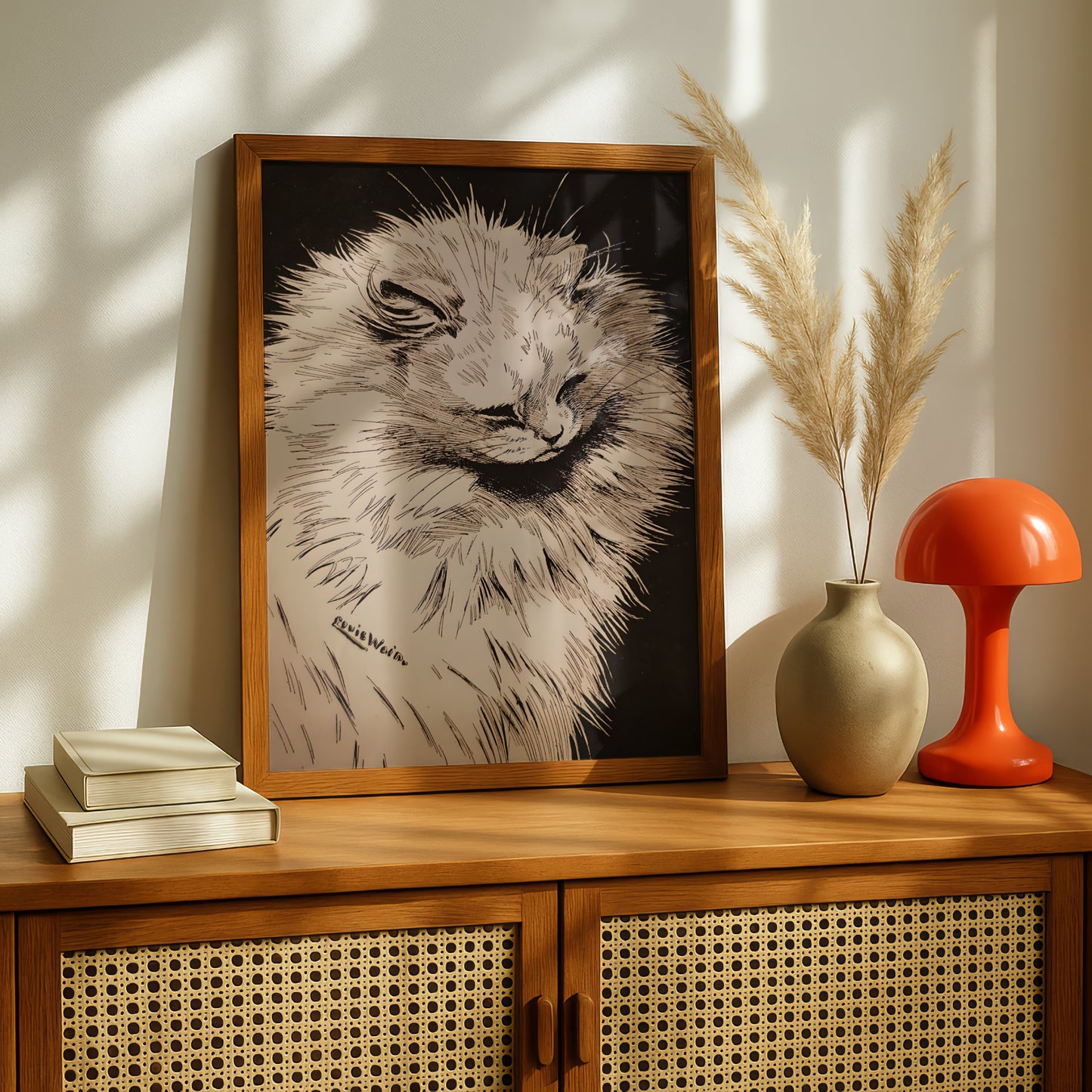 Louis Wain: White Cat on a Black Background | Giclée Fine Art Print | Black and White Poster