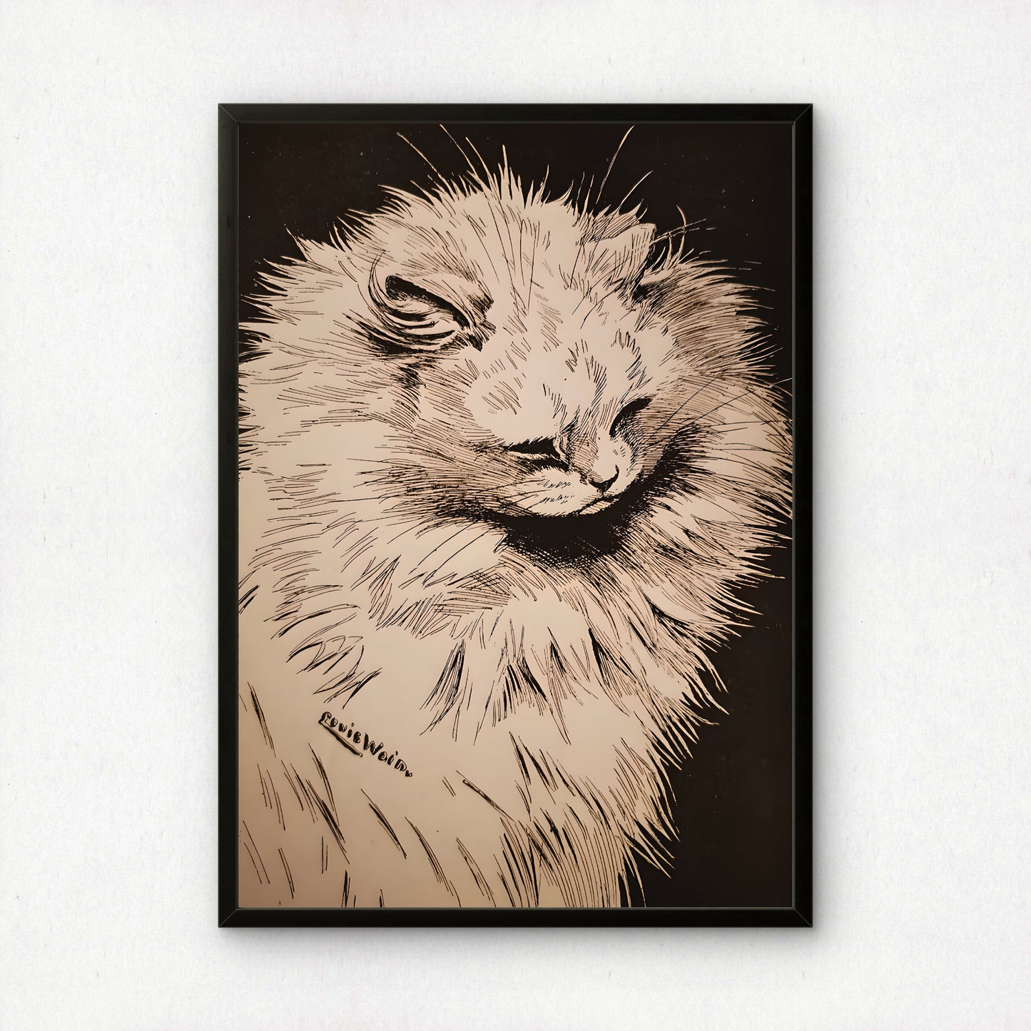 Louis Wain: White Cat on a Black Background | Giclée Fine Art Print | Black and White Poster