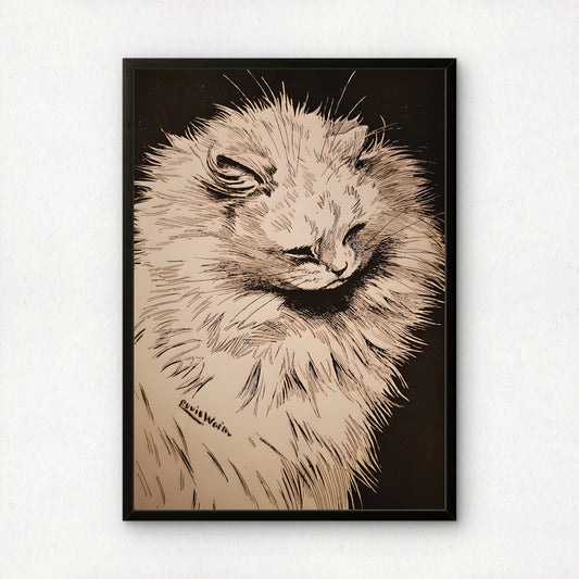 Louis Wain: White Cat on a Black Background | Giclée Fine Art Print | Black and White Poster