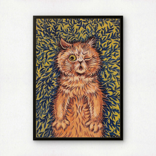 Louis Wain: Winking Ginger Cat in Leaves | Fine Art Giclée Print | Playful Poster