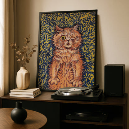 Louis Wain: Winking Ginger Cat in Leaves | Fine Art Giclée Print | Playful Poster