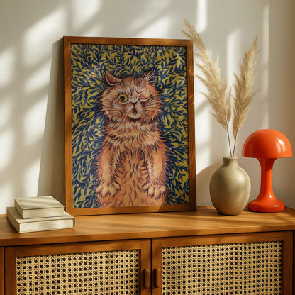 Louis Wain: Winking Ginger Cat in Leaves | Fine Art Giclée Print | Playful Poster